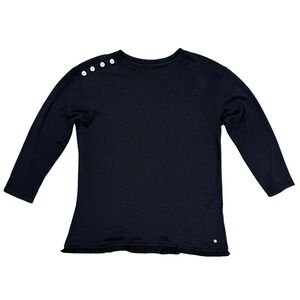 M NWOT Spartina 449 Womens Black Button Shoulder Fringe Hem Long Sleeve Top